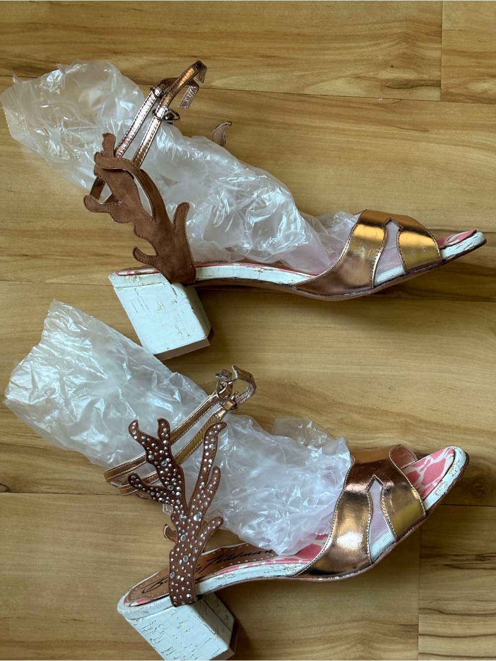 Metallic Rose Gold Block Heel Sandals with Decorative Ankle Strap